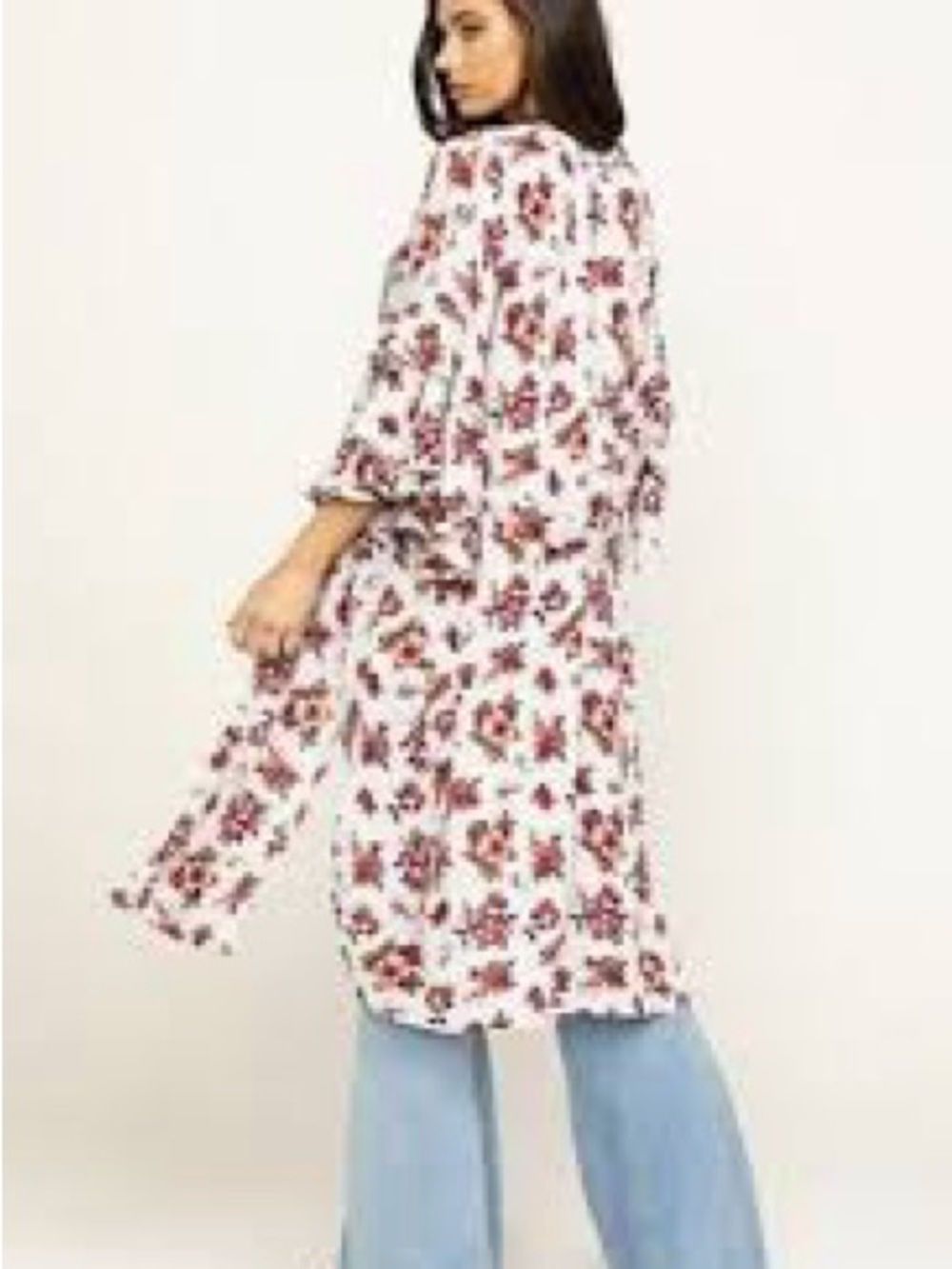 easel White Rayon Floral Duster with Red and Pink Flowers - Picture 1 of 12